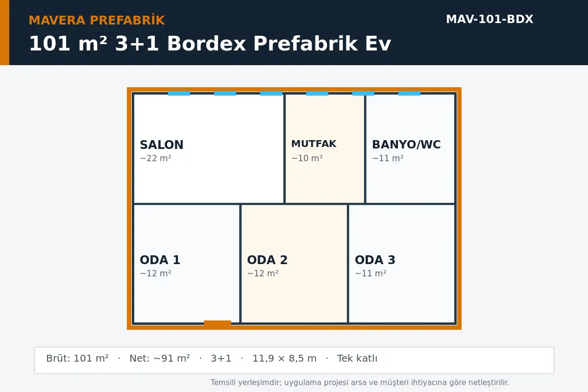 101 m² 3+1 Bordex prefabrik ev temsili kat planı