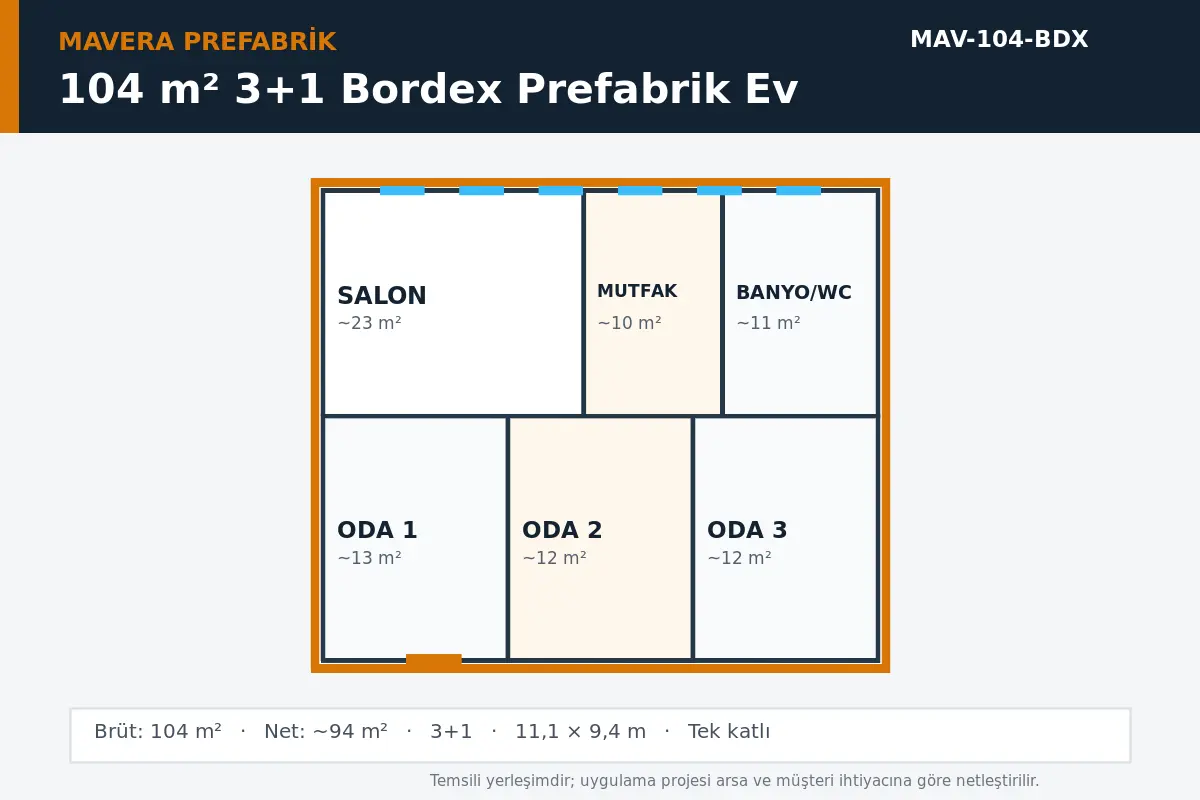 104 m² 3+1 Bordex prefabrik ev temsili kat planı
