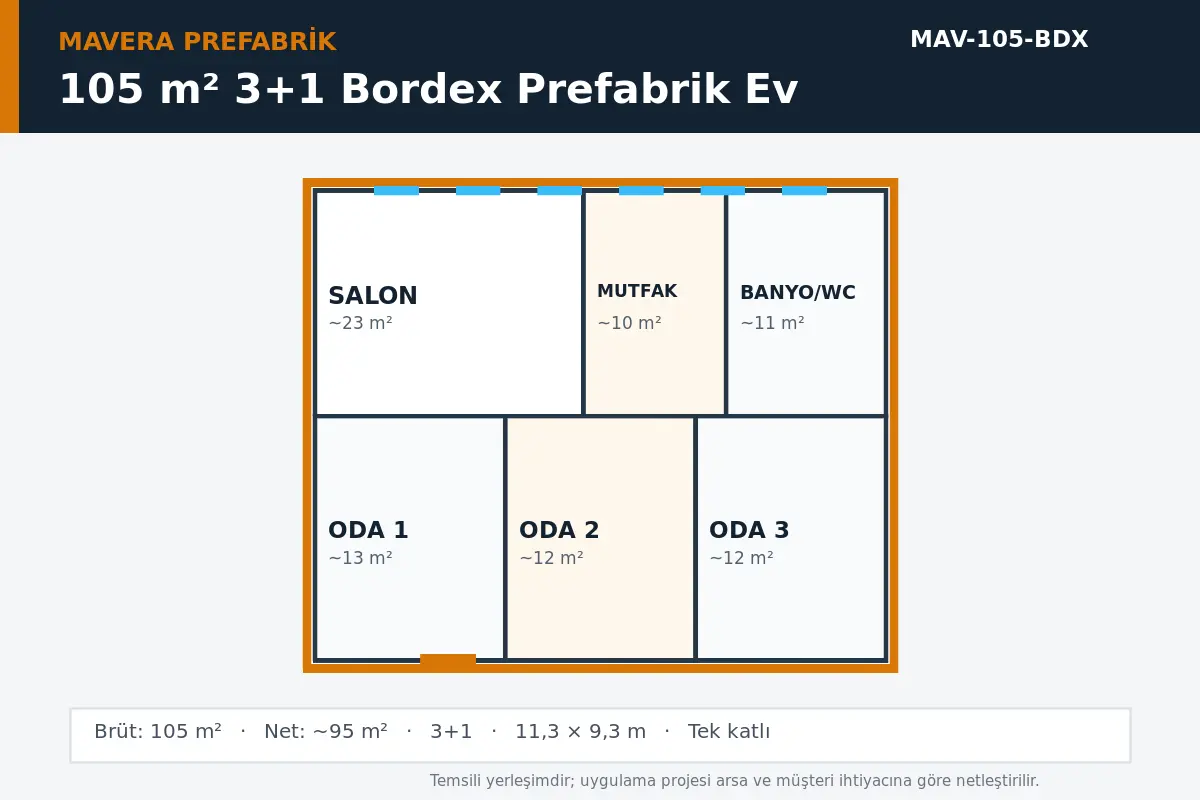105 m² 3+1 Bordex prefabrik ev temsili kat planı