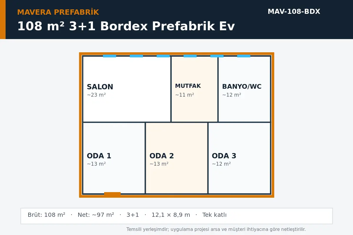 108 m² 3+1 Bordex prefabrik ev temsili kat planı
