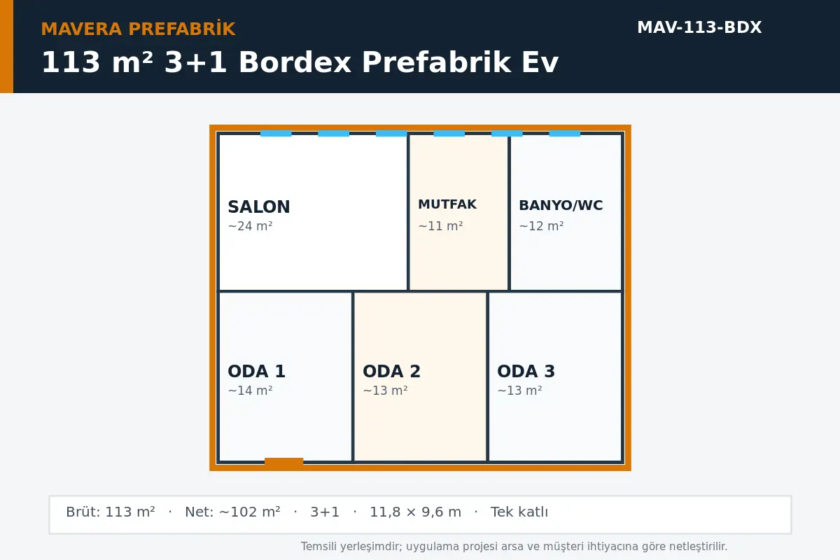 113 m² 3+1 Bordex prefabrik ev temsili kat planı