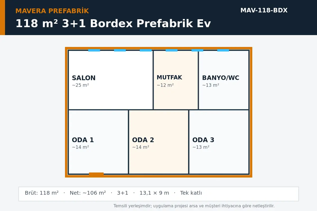 118 m² 3+1 Bordex prefabrik ev temsili kat planı
