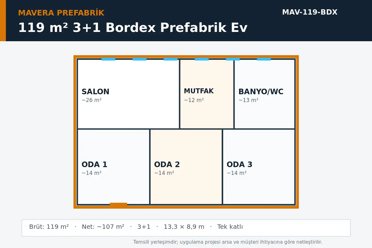 119 m² 3+1 Bordex prefabrik ev temsili kat planı