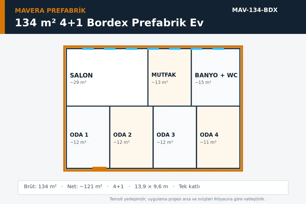 134 m² 4+1 Bordex prefabrik ev temsili kat planı