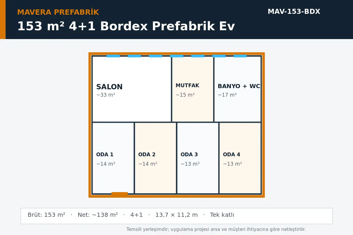 153 m² 4+1 Bordex prefabrik ev temsili kat planı