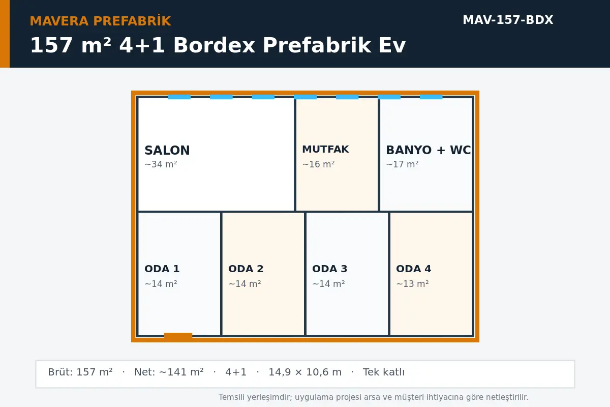 157 m² 4+1 Bordex prefabrik ev temsili kat planı