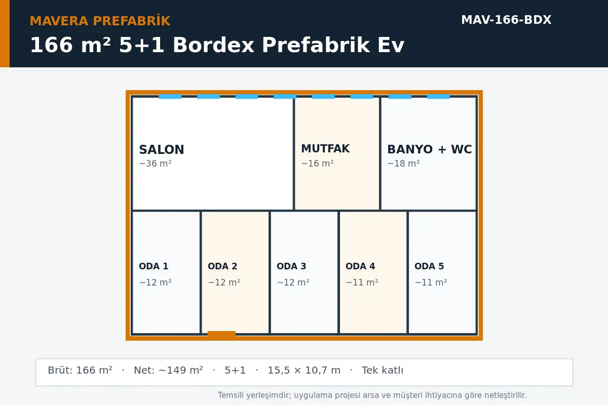 166 m² 5+1 Bordex prefabrik ev temsili kat planı