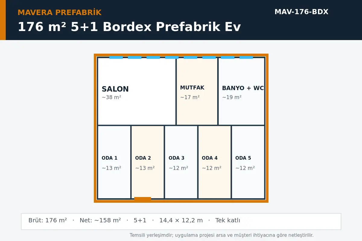 176 m² 5+1 Bordex prefabrik ev temsili kat planı