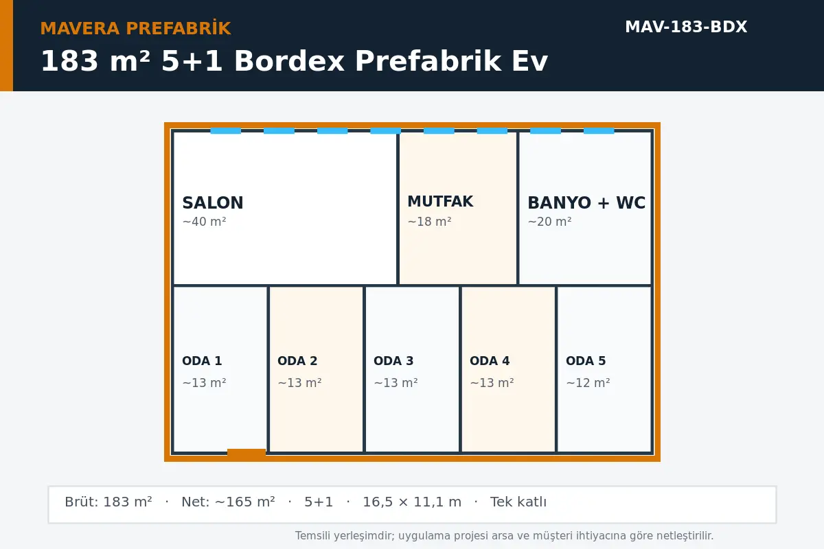183 m² 5+1 Bordex prefabrik ev temsili kat planı