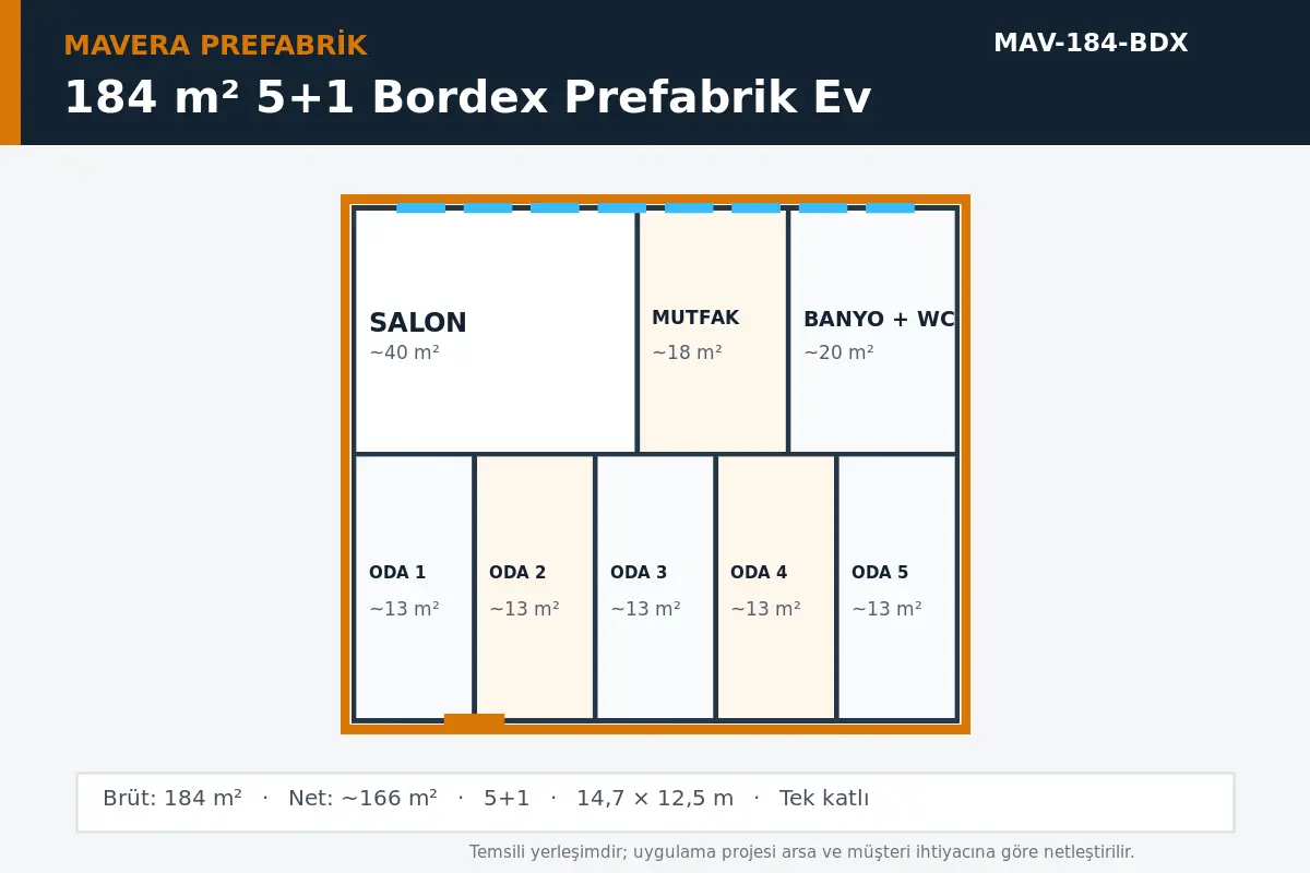 184 m² 5+1 Bordex prefabrik ev temsili kat planı