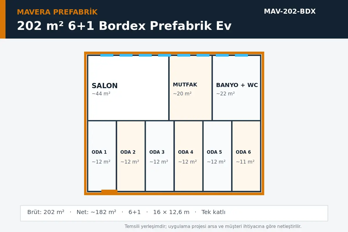 202 m² 6+1 Bordex prefabrik ev temsili kat planı