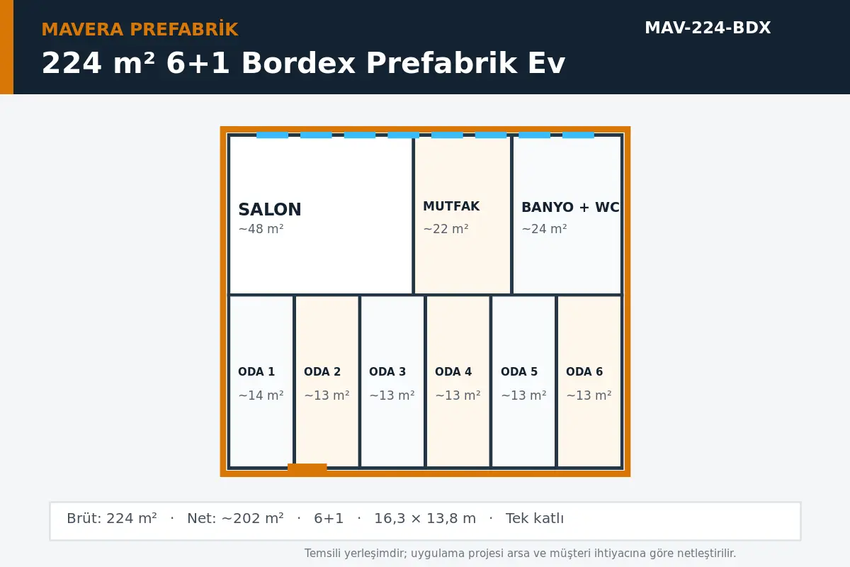 224 m² 6+1 Bordex prefabrik ev temsili kat planı