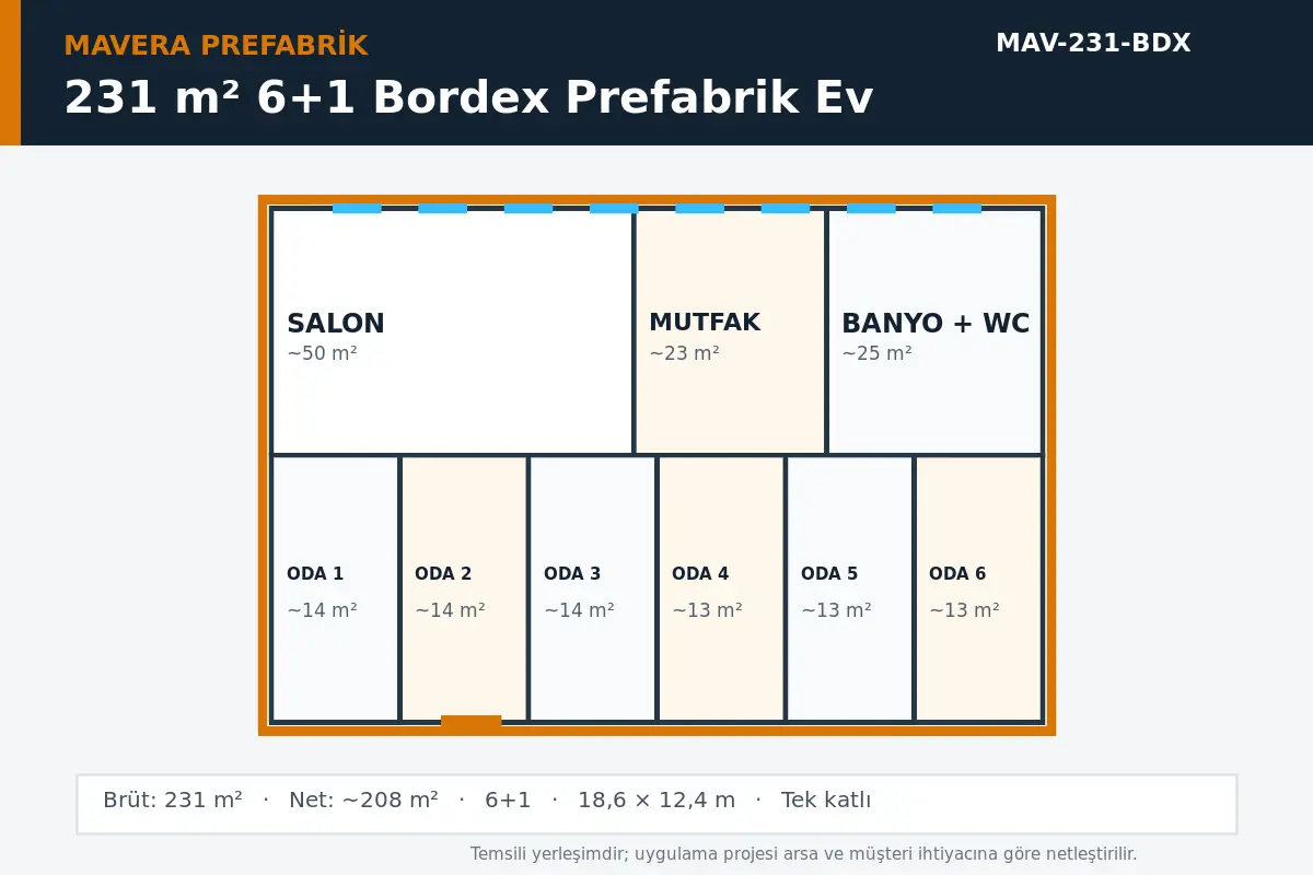 231 m² 6+1 Bordex prefabrik ev temsili kat planı