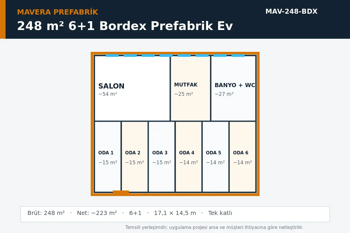 248 m² 6+1 Bordex prefabrik ev temsili kat planı