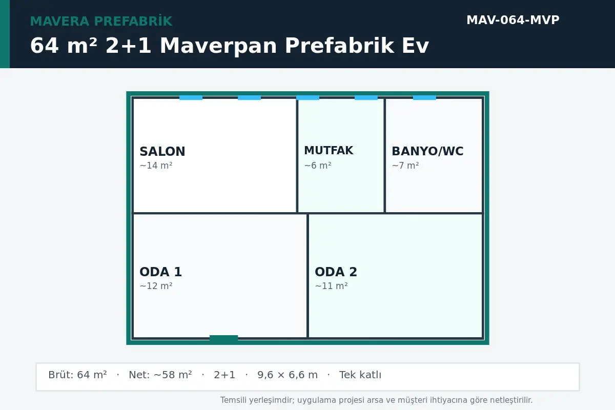 64 m² 2+1 Maverpan prefabrik ev temsili kat planı