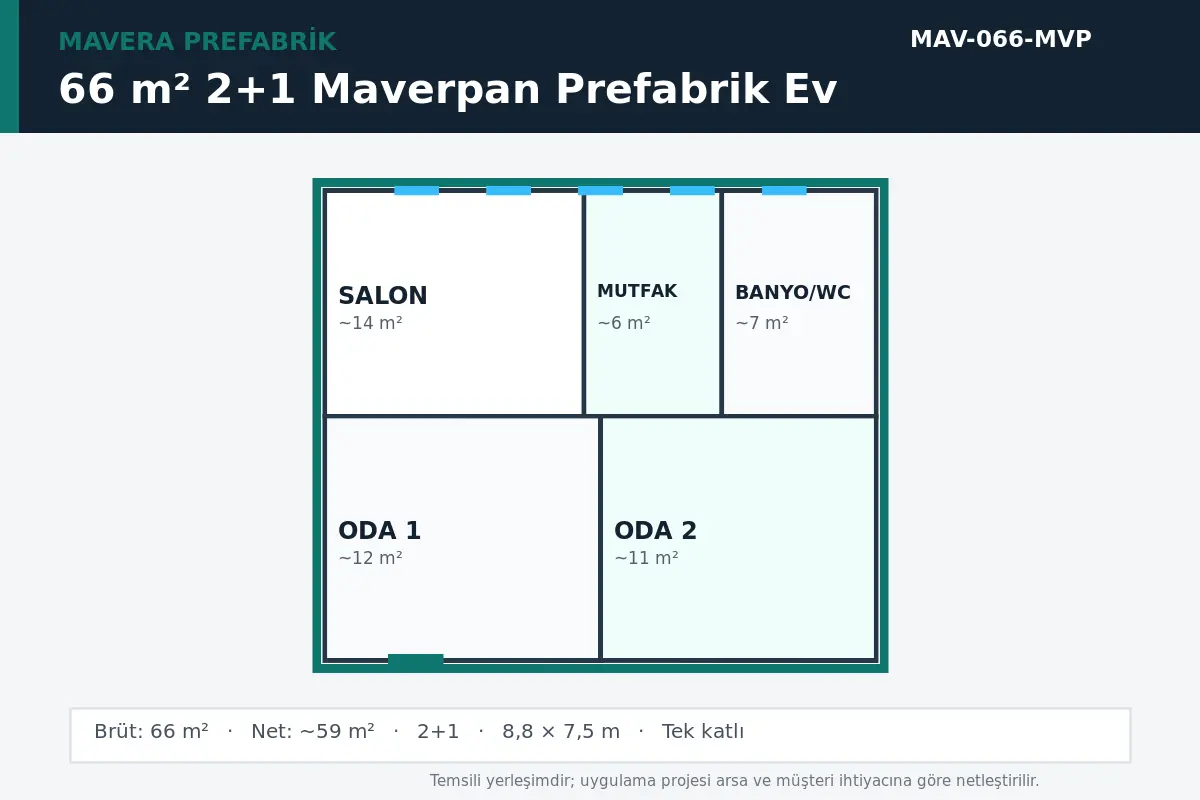 66 m² 2+1 Maverpan prefabrik ev temsili kat planı