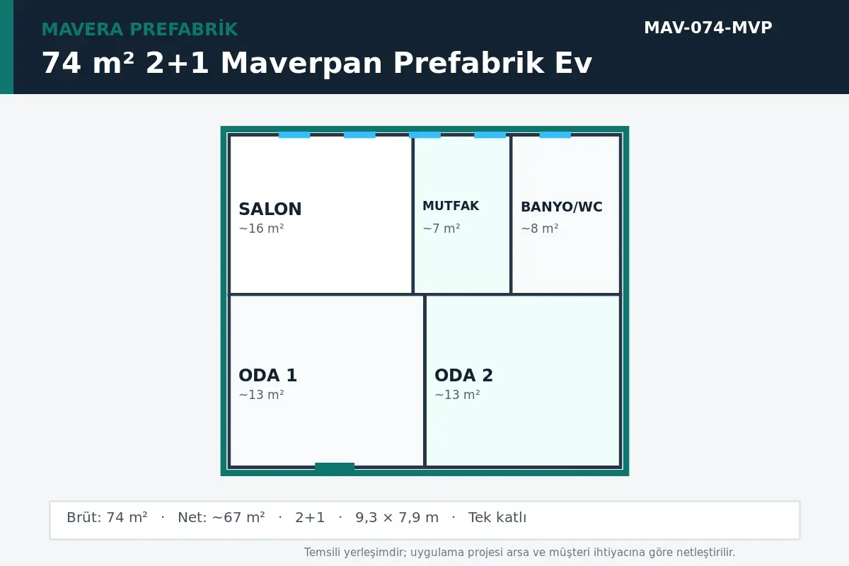 74 m² 2+1 Maverpan prefabrik ev temsili kat planı