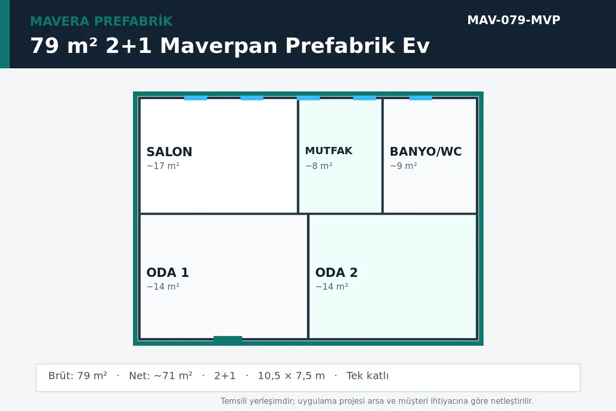 79 m² 2+1 Maverpan prefabrik ev temsili kat planı