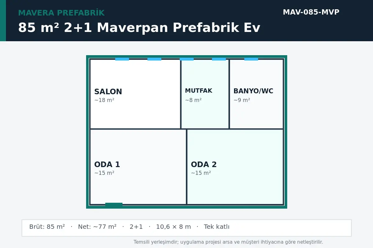 85 m² 2+1 Maverpan prefabrik ev temsili kat planı