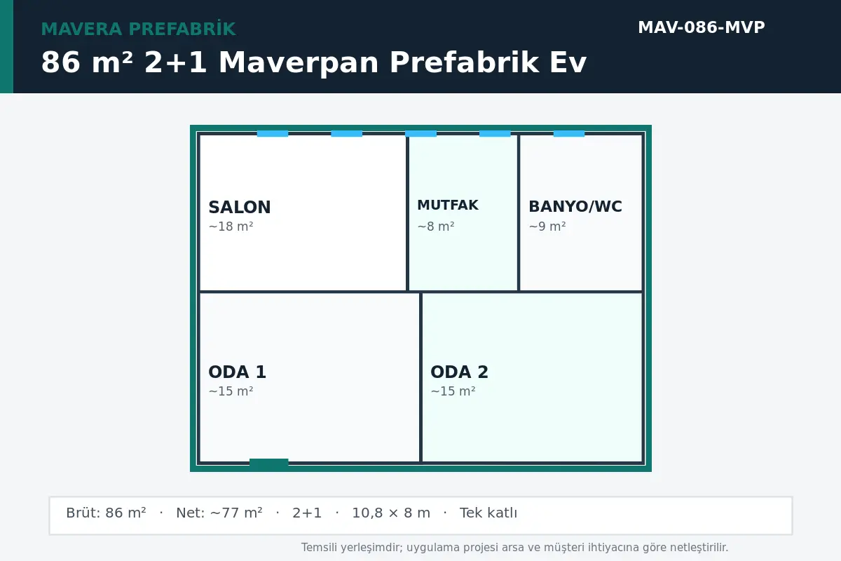 86 m² 2+1 Maverpan prefabrik ev temsili kat planı