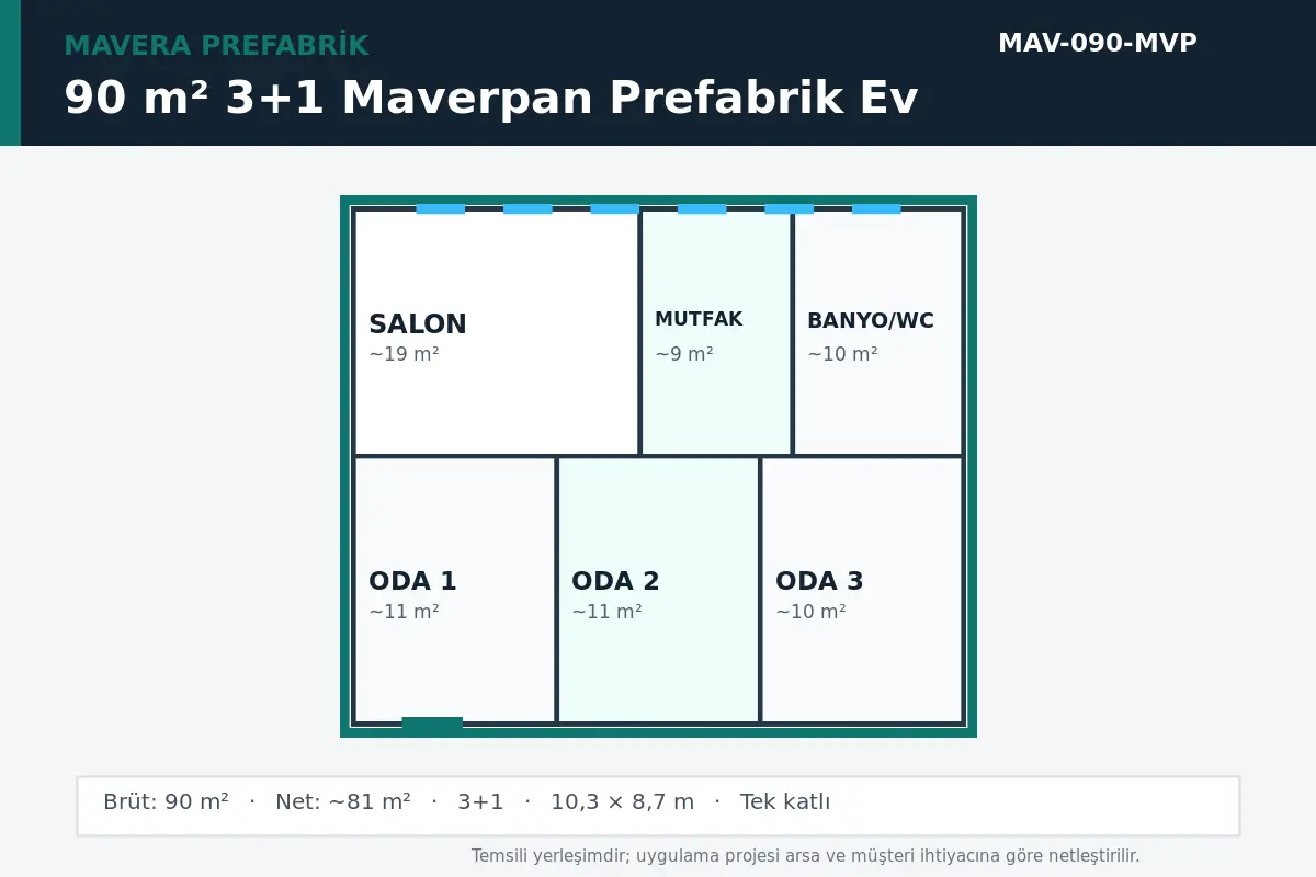 90 m² 3+1 Maverpan prefabrik ev temsili kat planı