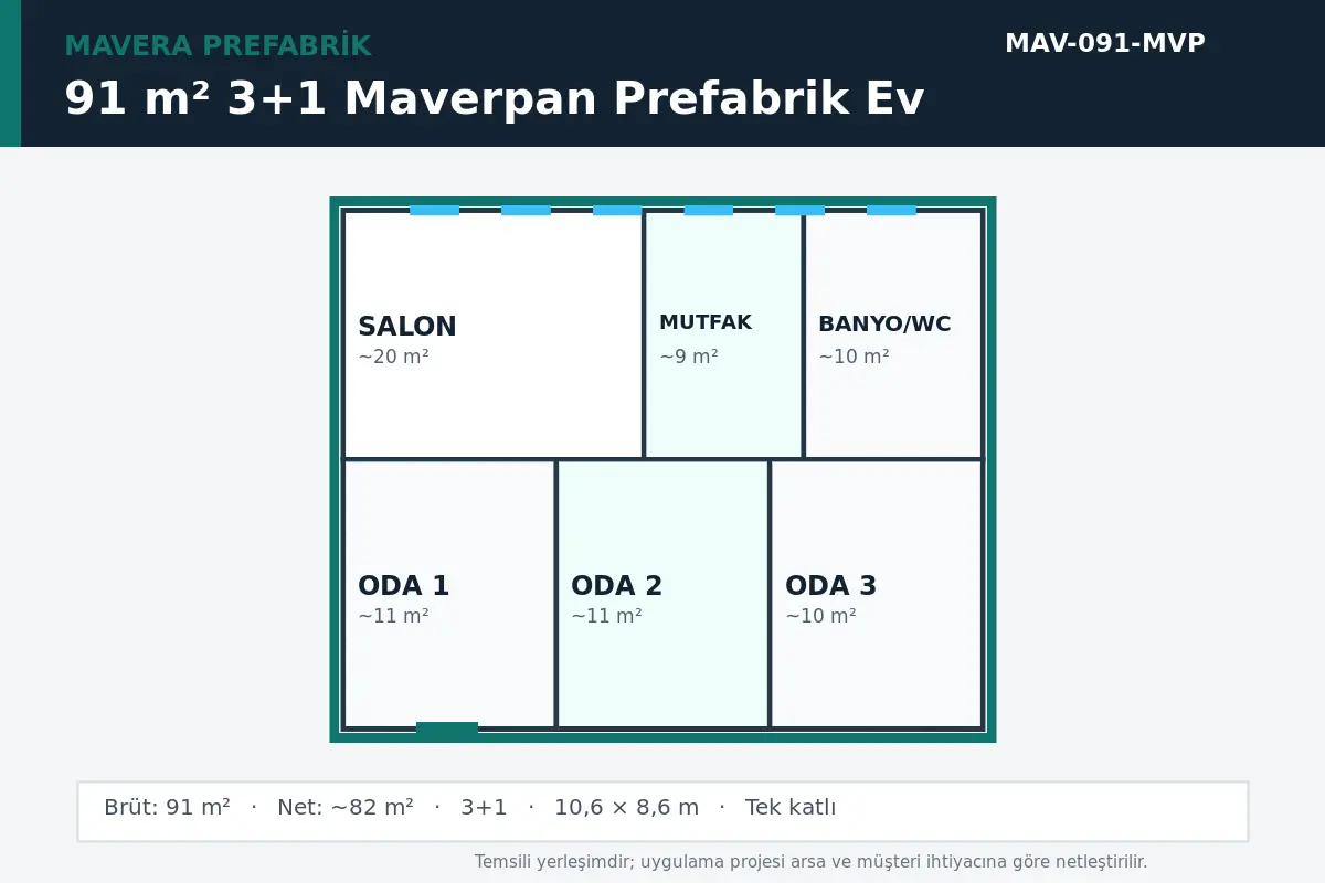91 m² 3+1 Maverpan prefabrik ev temsili kat planı