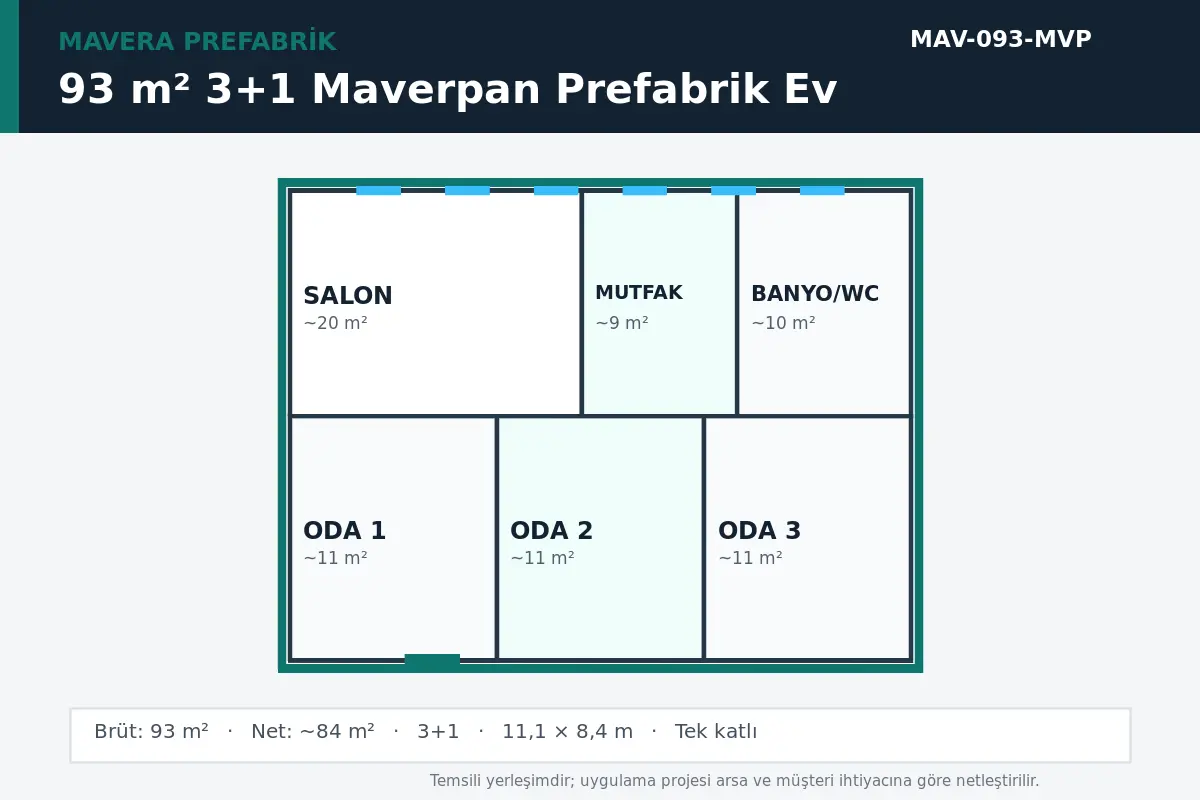 93 m² 3+1 Maverpan prefabrik ev temsili kat planı