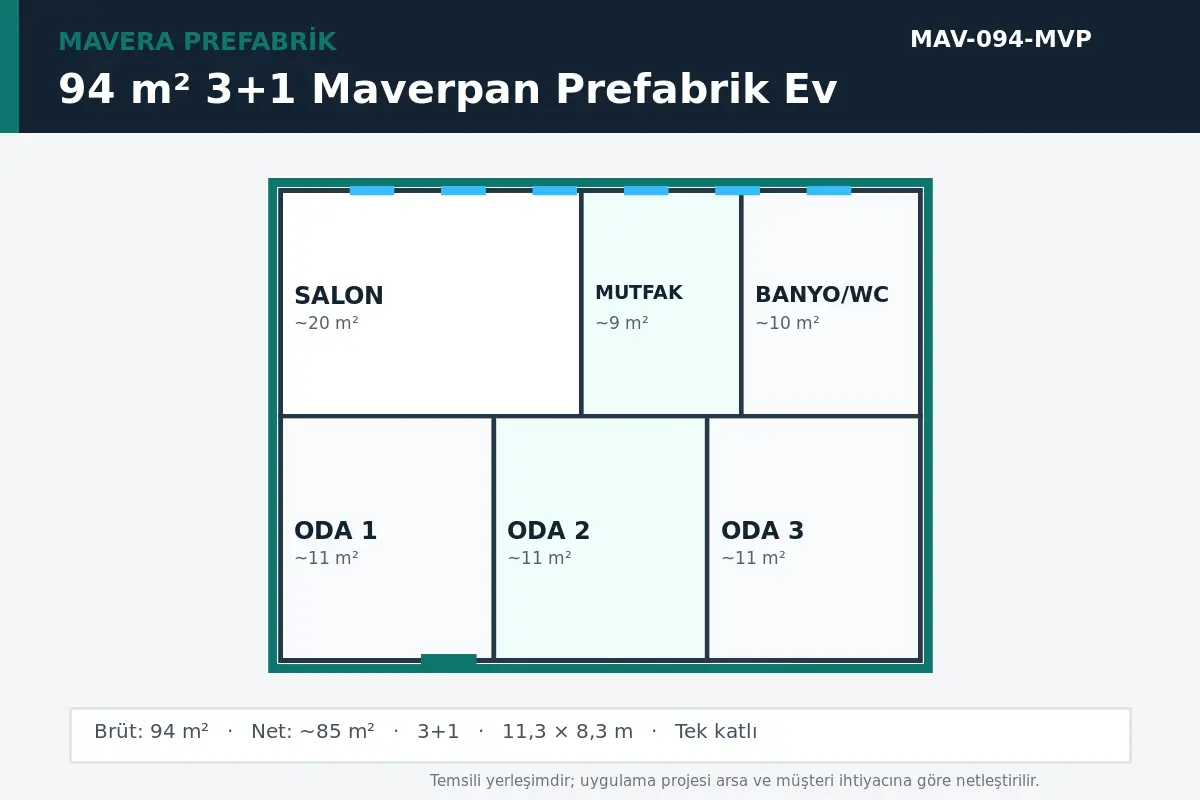 94 m² 3+1 Maverpan prefabrik ev temsili kat planı