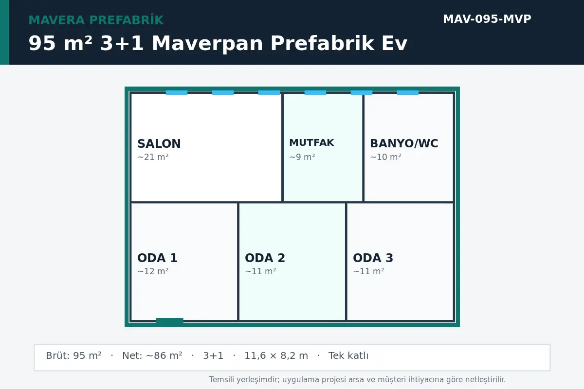 95 m² 3+1 Maverpan prefabrik ev temsili kat planı