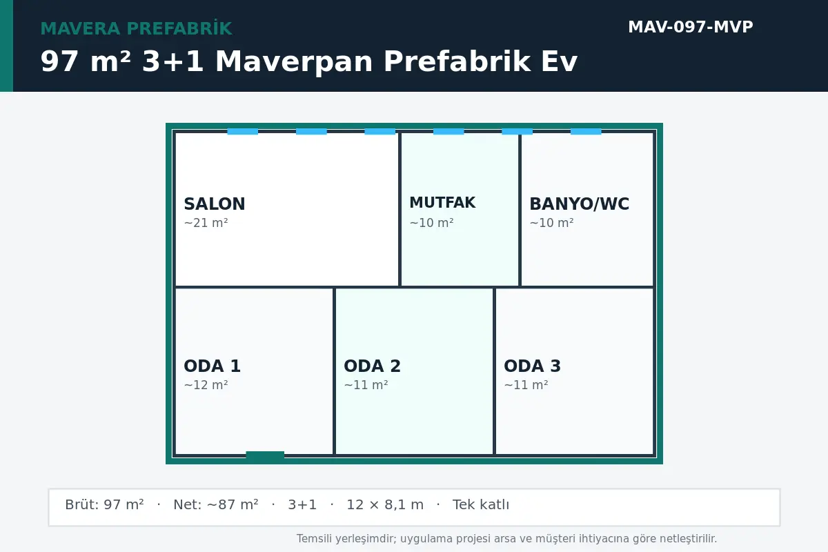 97 m² 3+1 Maverpan prefabrik ev temsili kat planı