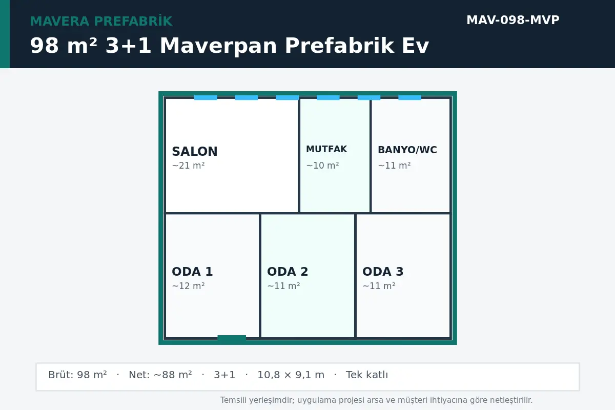98 m² 3+1 Maverpan prefabrik ev temsili kat planı