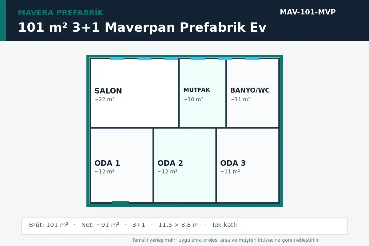 101 m² 3+1 Maverpan prefabrik ev temsili kat planı