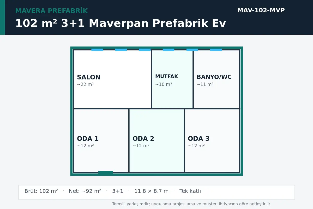 102 m² 3+1 Maverpan prefabrik ev temsili kat planı