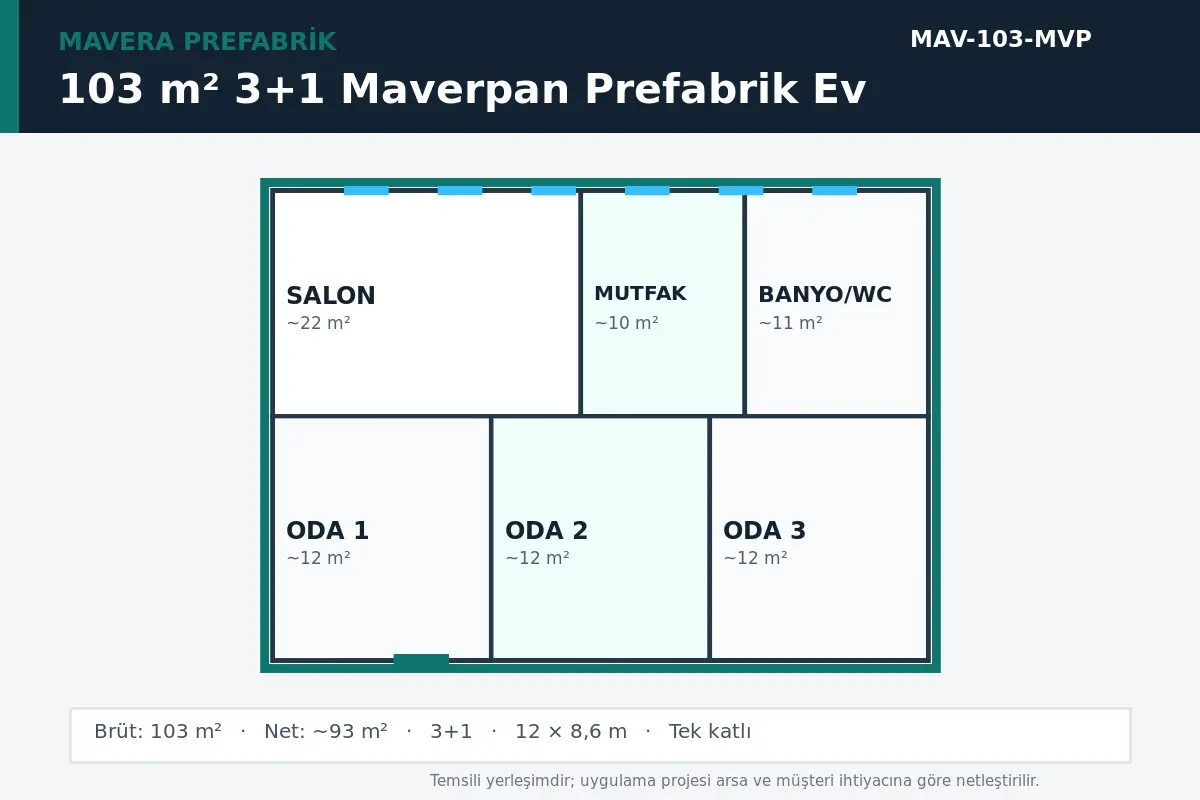 103 m² 3+1 Maverpan prefabrik ev temsili kat planı