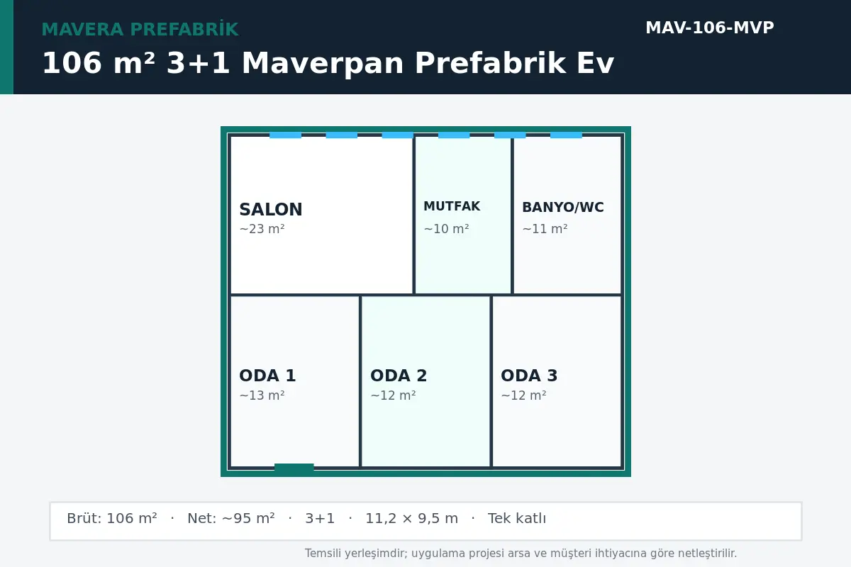 106 m² 3+1 Maverpan prefabrik ev temsili kat planı