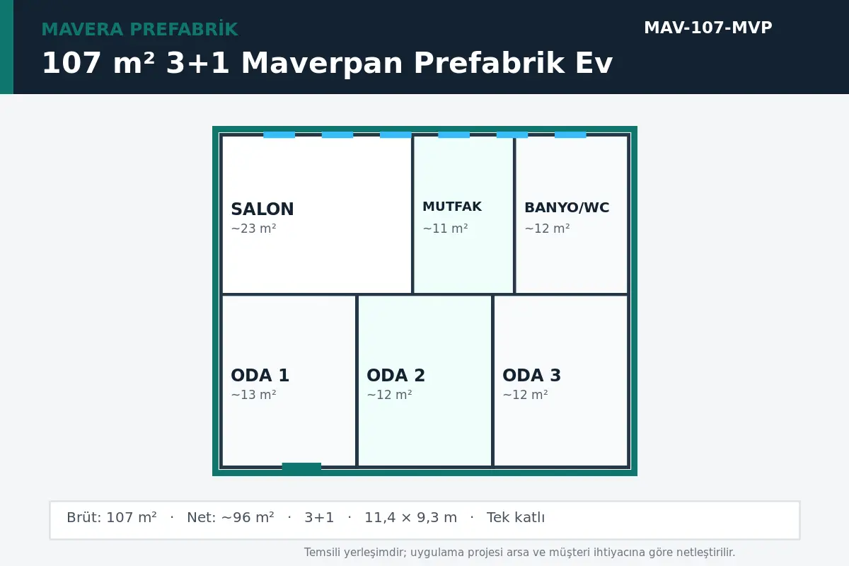 107 m² 3+1 Maverpan prefabrik ev temsili kat planı