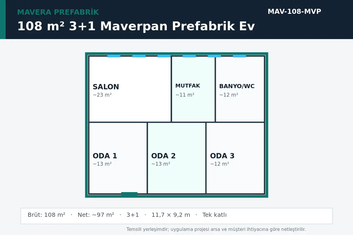 108 m² 3+1 Maverpan prefabrik ev temsili kat planı
