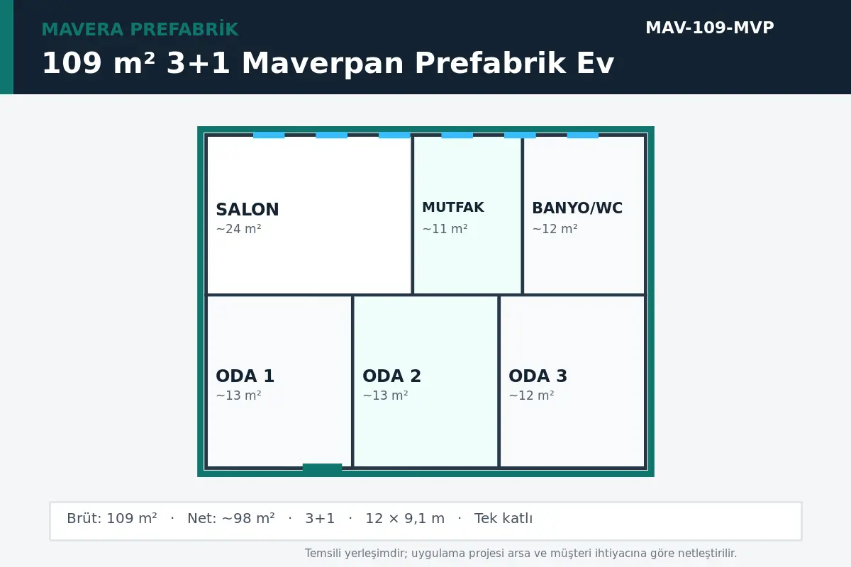 109 m² 3+1 Maverpan prefabrik ev temsili kat planı