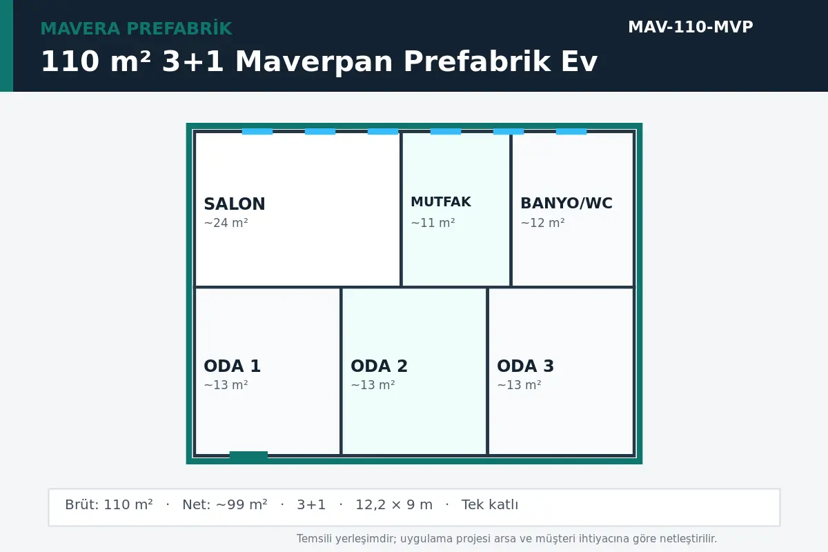 110 m² 3+1 Maverpan prefabrik ev temsili kat planı
