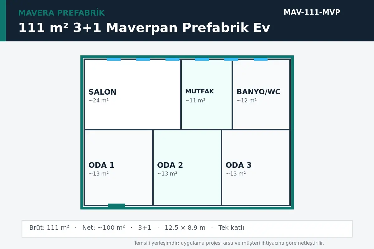111 m² 3+1 Maverpan prefabrik ev temsili kat planı