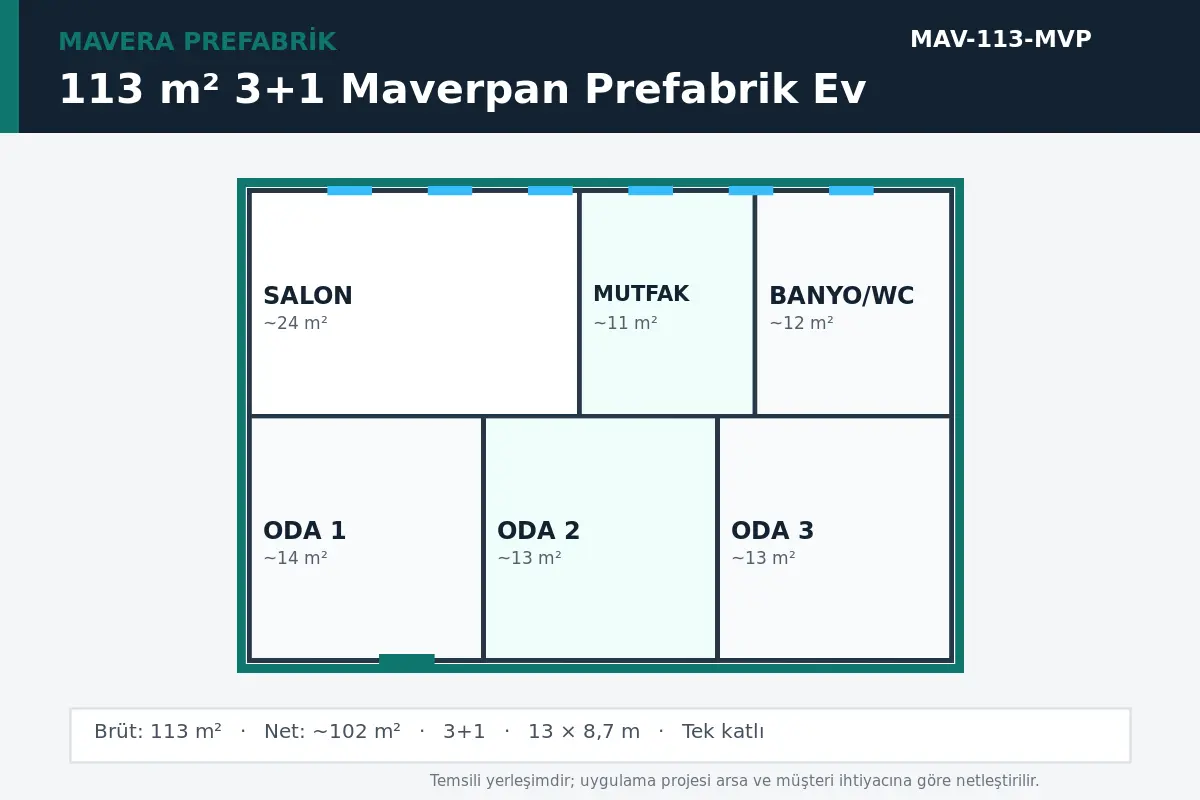 113 m² 3+1 Maverpan prefabrik ev temsili kat planı