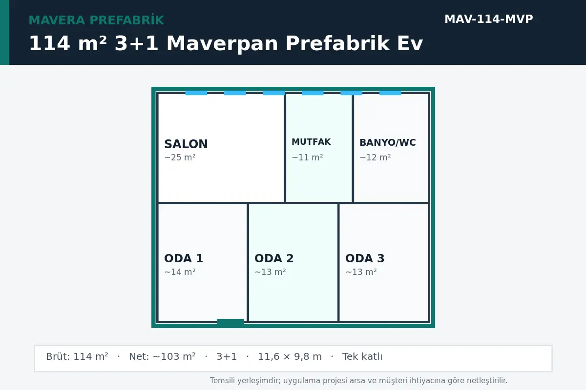 114 m² 3+1 Maverpan prefabrik ev temsili kat planı
