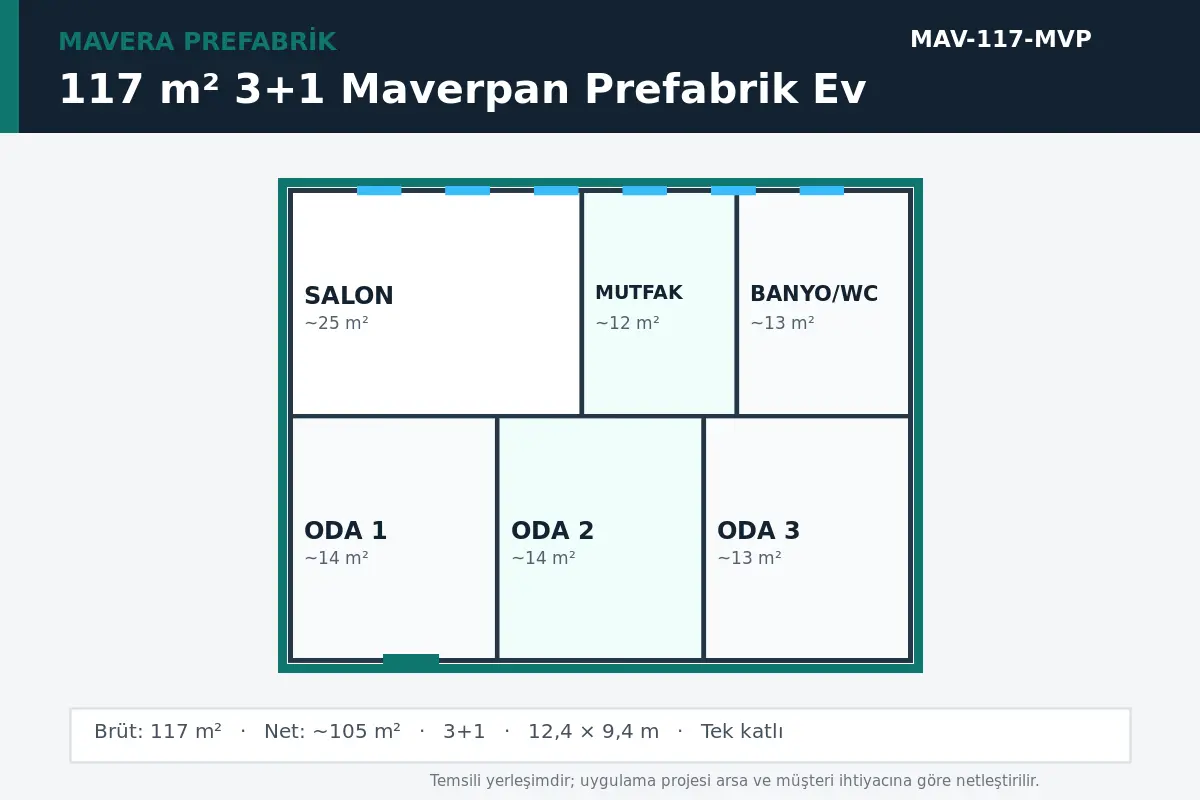 117 m² 3+1 Maverpan prefabrik ev temsili kat planı