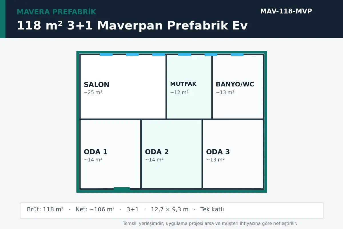 118 m² 3+1 Maverpan prefabrik ev temsili kat planı