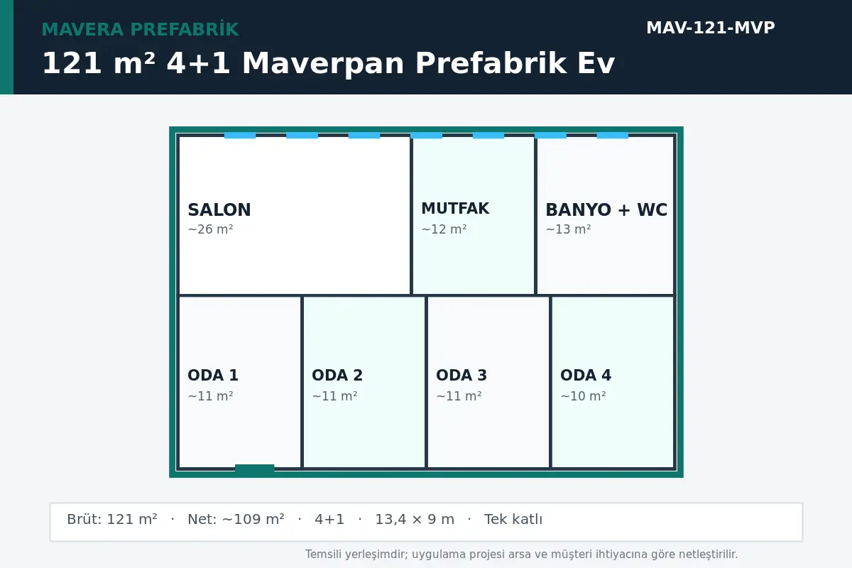 121 m² 4+1 Maverpan prefabrik ev temsili kat planı