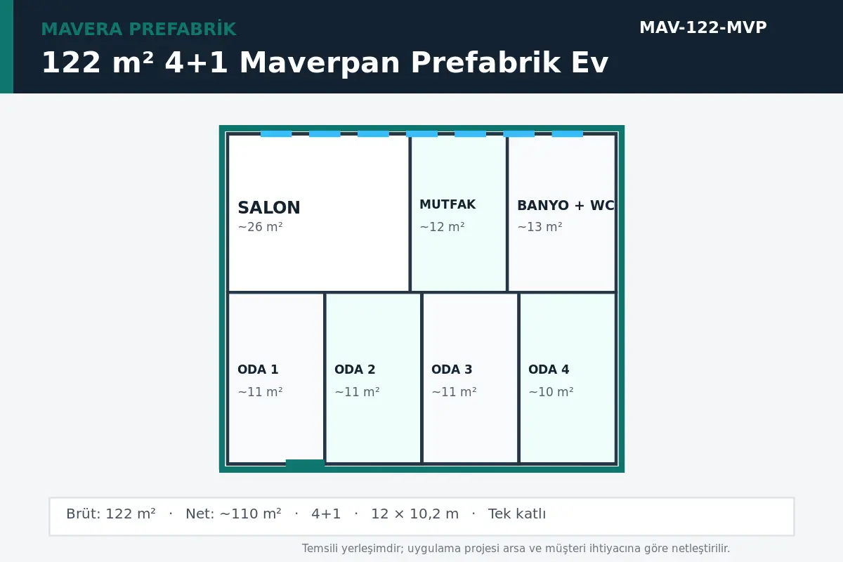 122 m² 4+1 Maverpan prefabrik ev temsili kat planı