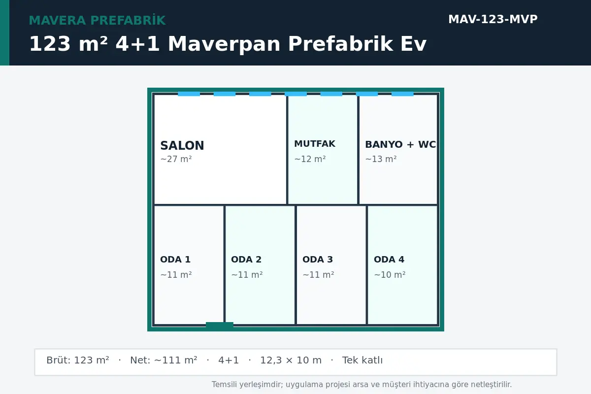 123 m² 4+1 Maverpan prefabrik ev temsili kat planı