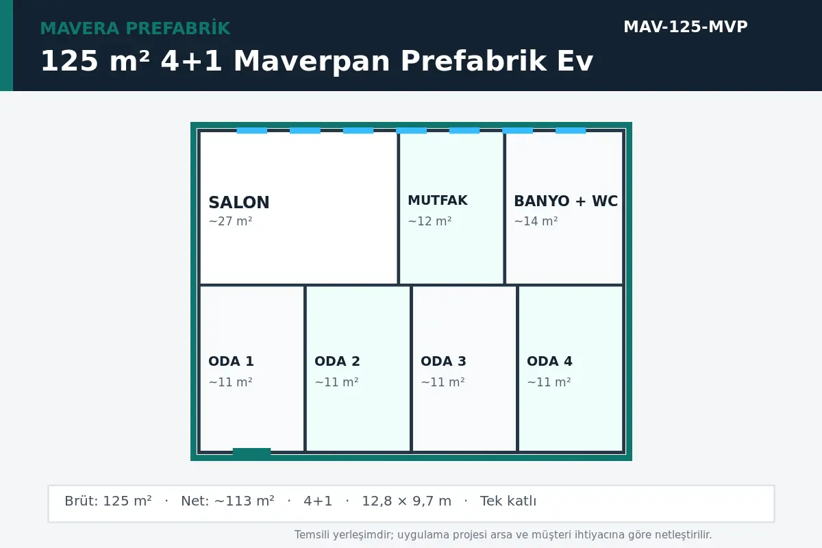 125 m² 4+1 Maverpan prefabrik ev temsili kat planı