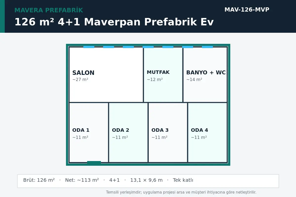 126 m² 4+1 Maverpan prefabrik ev temsili kat planı