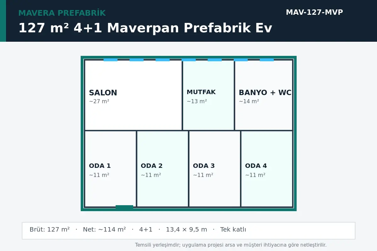 127 m² 4+1 Maverpan prefabrik ev temsili kat planı